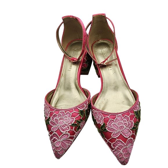 Pink Floral Embroidered ASOS Block Heel Pointed Toe Shoes With Ankle Strap - Siz - Picture 2 of 4